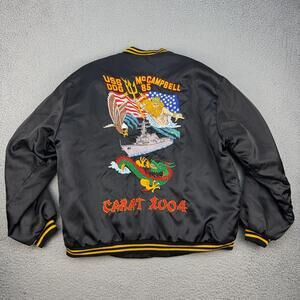 Vintage USS McCampbell DDG 85 Jacket Mens XL Black Satin Bomber Navy CARAT 2004